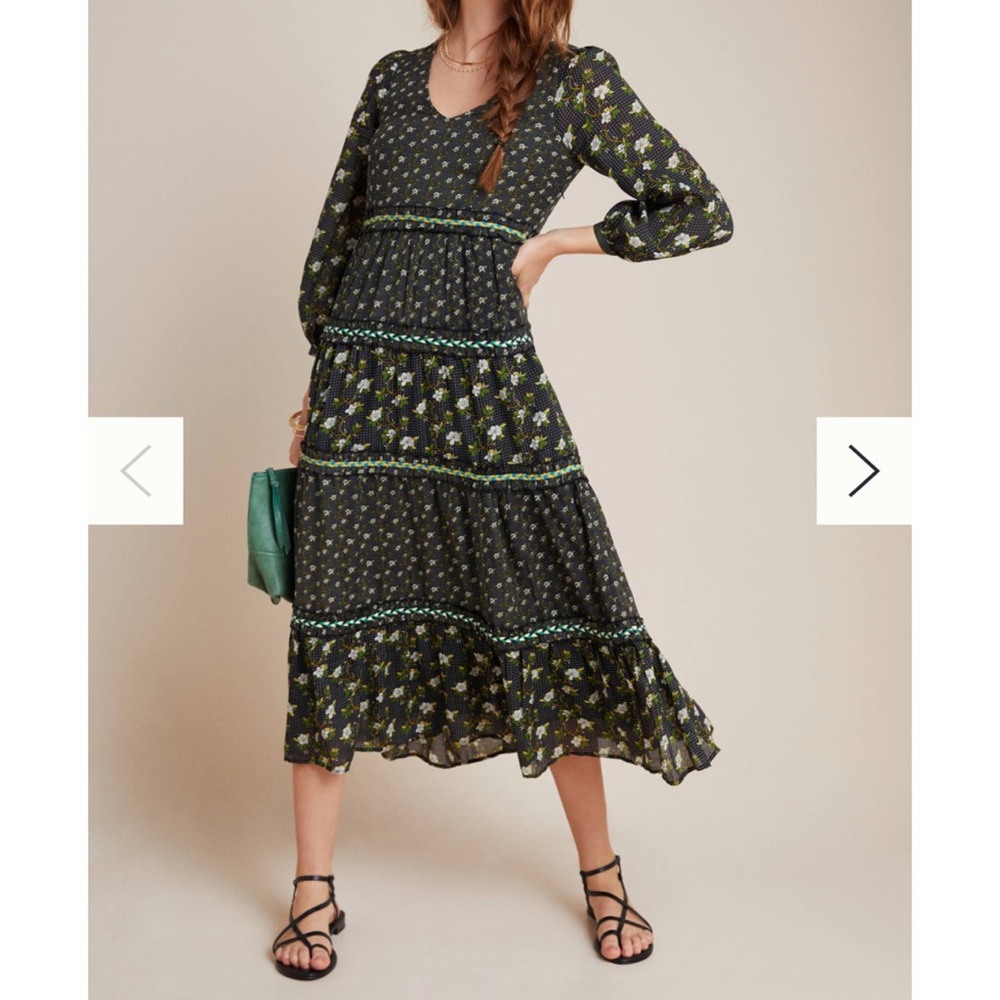 Anthropologie Black and Green Floral Maxi Dress